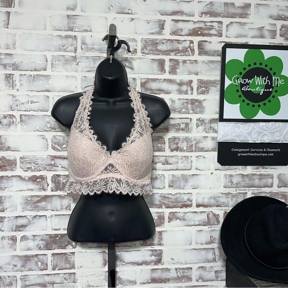 PINK Victoria's Secret Cream Lace Plunge halter Bra large - Picture 1 of 7